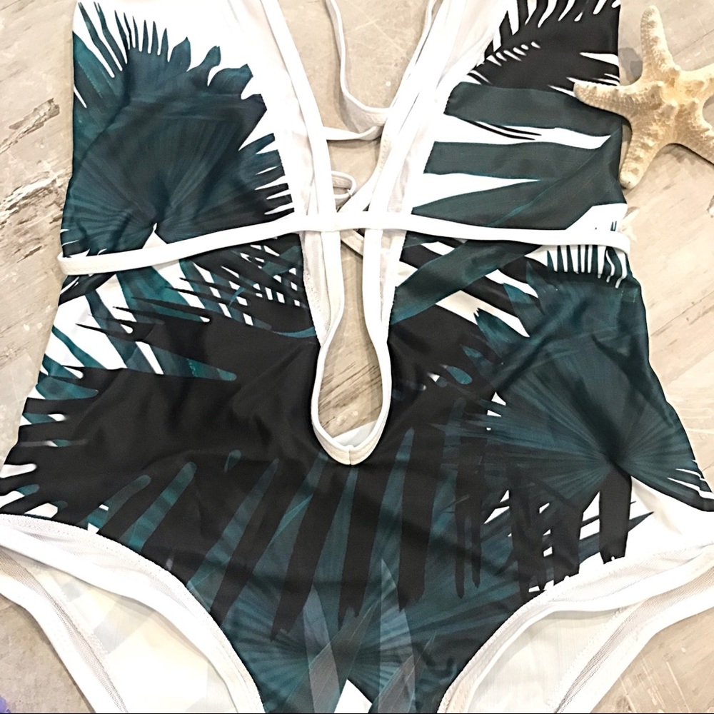Tropical Monokini Swimsuit Strapy Sexy Deep Plunge - Picture 3 of 6